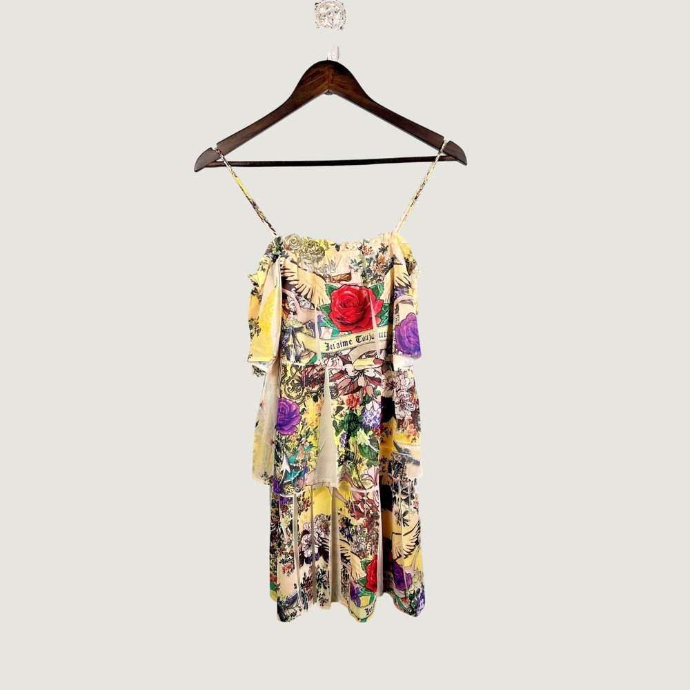 S-Twelve Dress Womens Small Yellow Tattoo Floral Tiered Mini Braided Straps